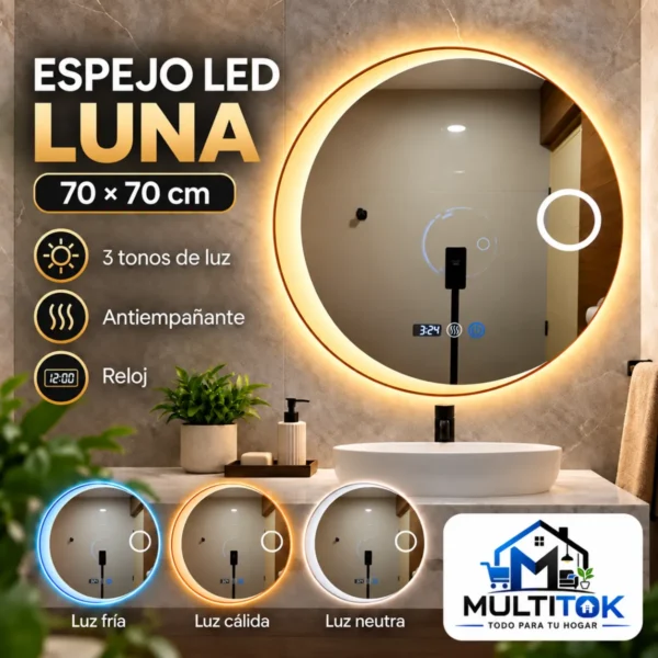 Espejo Led Mod. Luna Inteligente 70×70 cm con Reloj -Antiempaño y 3 Tonos de Luz