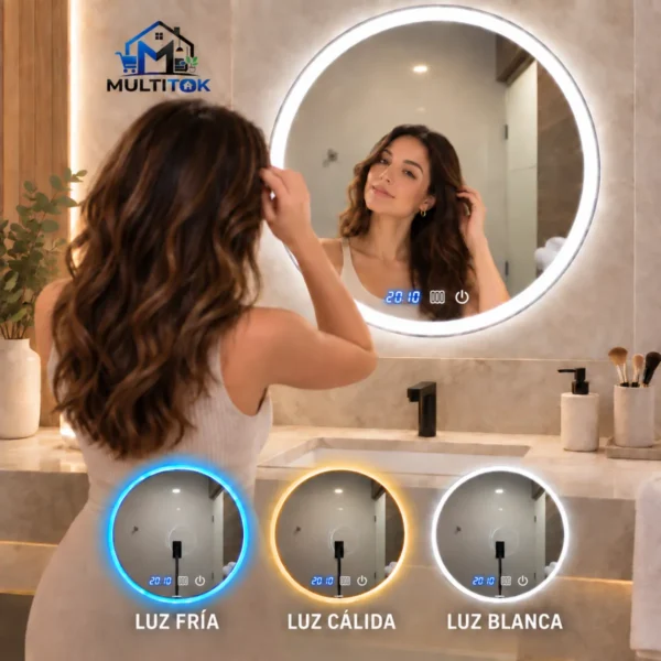 Espejo Led Mod. Marte Inteligente 60x60 cm con Reloj -Antiempaño y 3 Tonos de Luz