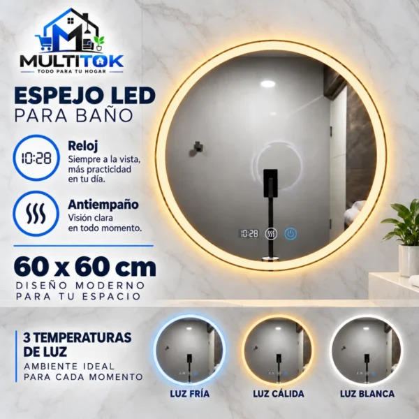 Espejo Led Mod. Marte Inteligente 60x60 cm con Reloj -Antiempaño y 3 Tonos de Luz