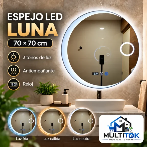 Espejo Led Mod. Luna Inteligente 70×70 cm con Reloj -Antiempaño y 3 Tonos de Luz