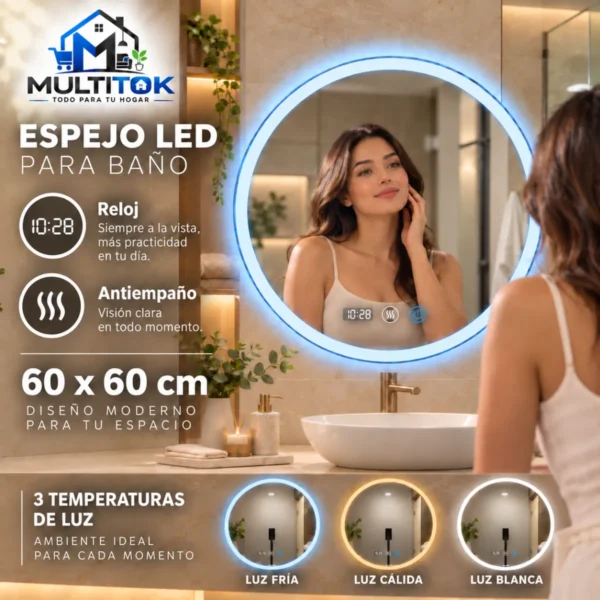 Espejo Led Mod. Marte Inteligente 60x60 cm con Reloj -Antiempaño y 3 Tonos de Luz