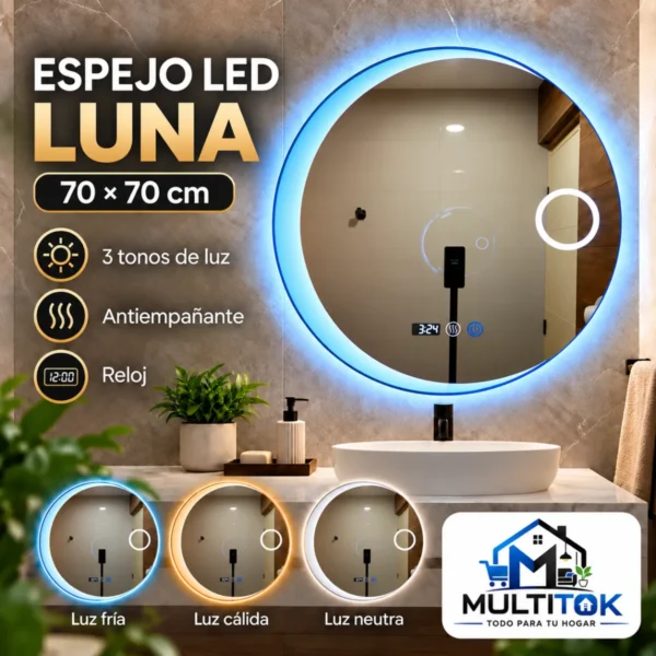 Espejo Led Mod. Luna Inteligente 70×70 cm con Reloj -Antiempaño y 3 Tonos de Luz