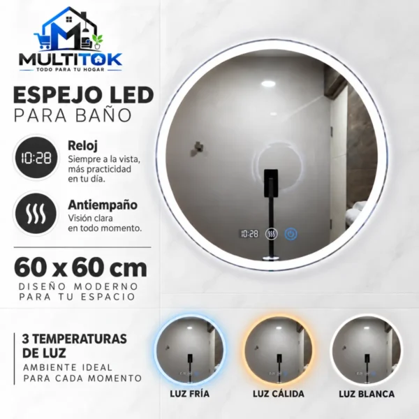 Espejo Led Mod. Marte Inteligente 60x60 cm con Reloj -Antiempaño y 3 Tonos de Luz