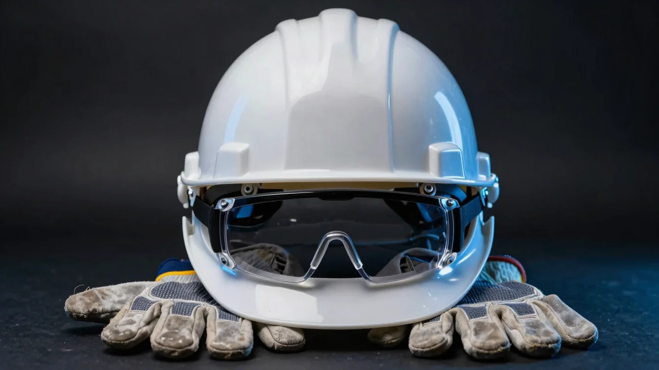 Close-up of industrial safety gear: hard hat, safety glasses, and heavy-duty gloves, dark studio backdrop, cool blue key