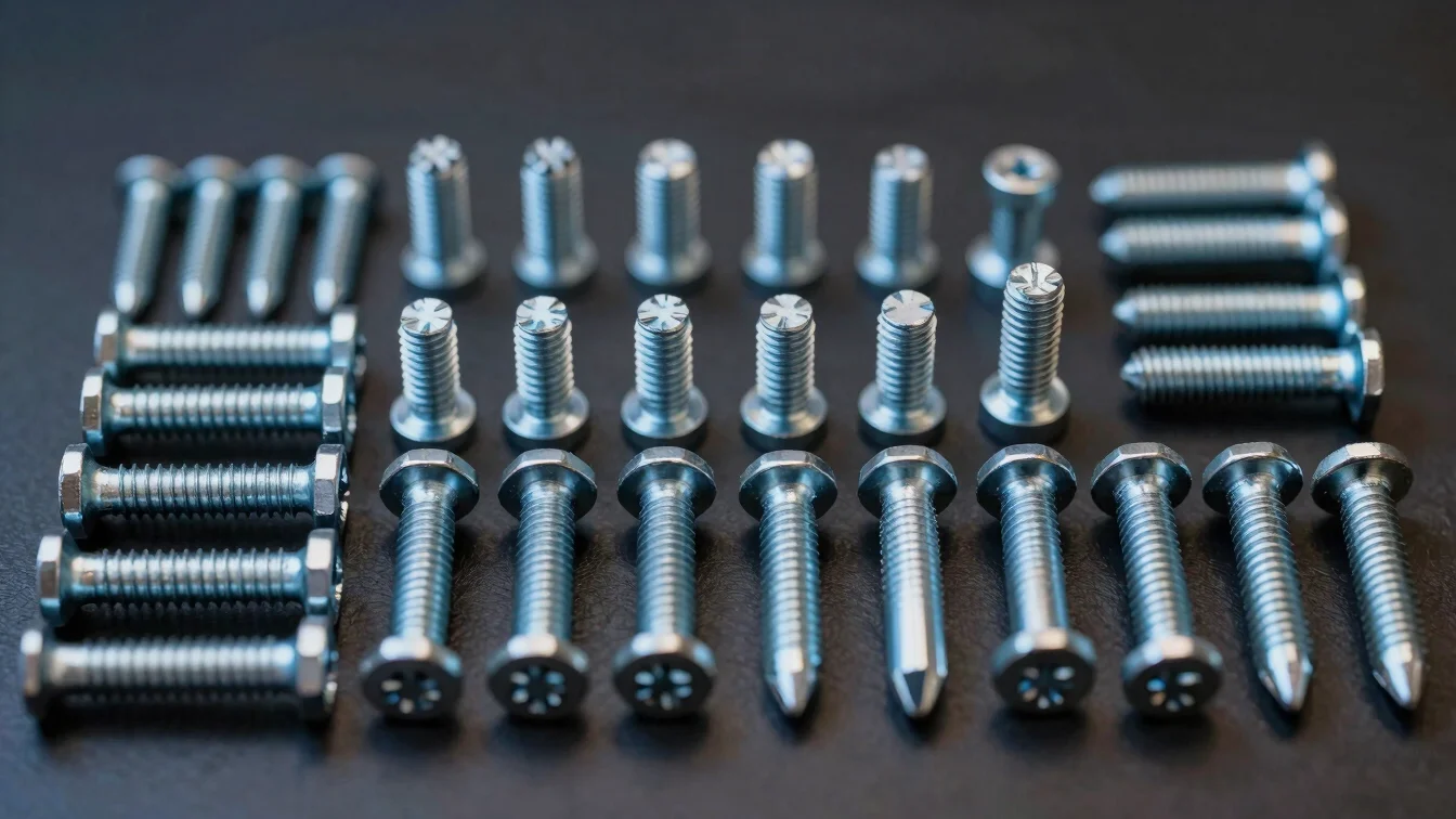 Close-up of various industrial fasteners and accessories like screws, bolts, and anchors, neatly arranged on a dark surf
