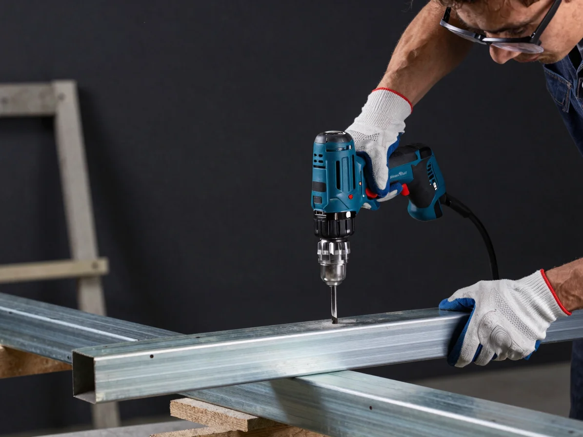 Close-up of a professional wearing safety gloves and glasses, operating an electric drill on a metal beam in a construct