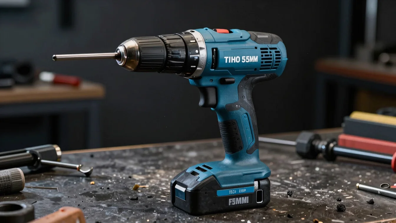 Close-up of a heavy-duty electric drill on a dark industrial workbench, cool blue key light accents, sharp focus, 35mm l